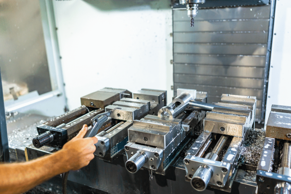 Inside view of a CNC milling machine showing tooling and components for precision machining of custom parts